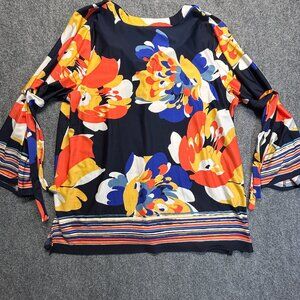Melissa Paige Woman 1X Floral Tunic Top Tie Sleeve Split Neck Poly Stretch